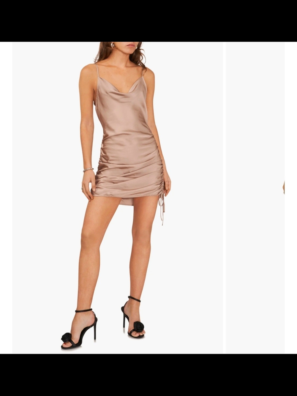 Satin Cowl Ruched Mini Dress in Taupe